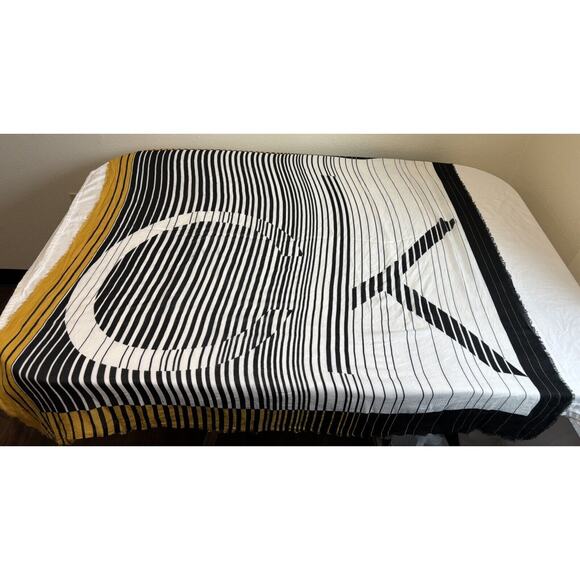 CALVIN KLEIN Large Square Shawl Modal Silk 48”x 48” Yellow Black Fringe Preppy - Picture 1 of 8